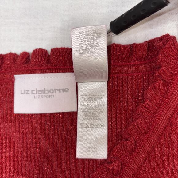 Y2K Vintage Liz Claiborne Red Shimmer Ruffle Trim Holiday Sweater L - Picture 9 of 13
